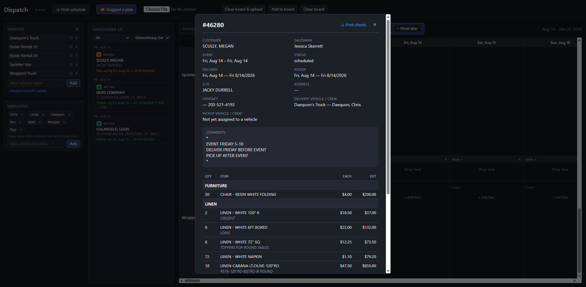 Order info panel